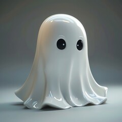 Adorable and glossy cartoon ghost with big black eyes, isolated on a smooth grey background.
