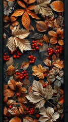 Fototapeta premium Autumn Leaves and Red Berries Vertical Background on Dark Surface.