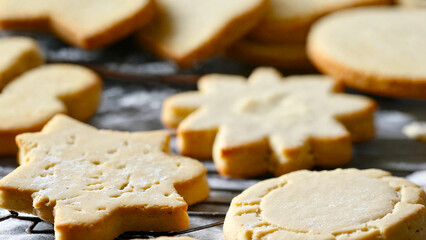 Delicious homemade shortbread cookies with jam in the middle 16:9 with copyspace