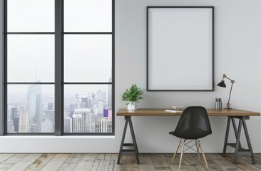 Modern office with desk, chair and white wall mockup on the left side of window overlooking cityscape