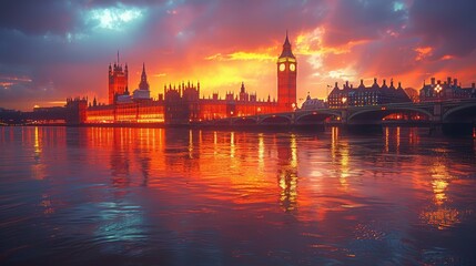 Fototapeta premium Stunning Sunset Over London's Iconic Houses of Parliament and Big Ben