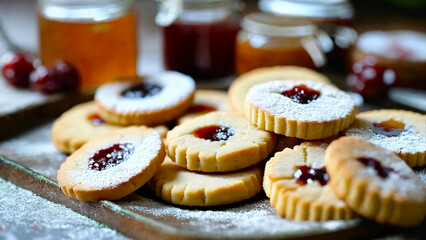Delicious homemade shortbread cookies with jam in the middle 16:9 with copyspace
