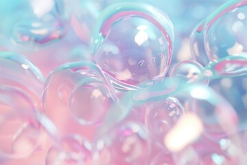 Clear Glass texture, Glossy Soap bubbles, pastel colors, light pink and blue background, closeup,...