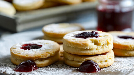 Delicious homemade shortbread cookies with jam in the middle 16:9 with copyspace