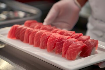 Master chef skillfully arranging fresh tuna nigiri on a serving platter, exemplifying precision and attention to detail in sushi craftsmanship.