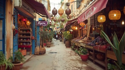 Colorful Market Alley in Algeria with Traditional Lanterns and Local Shops