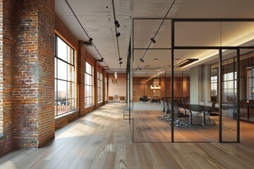 Obraz premium Modern open office space with brick walls and glass, large meeting room on the right side of picture
