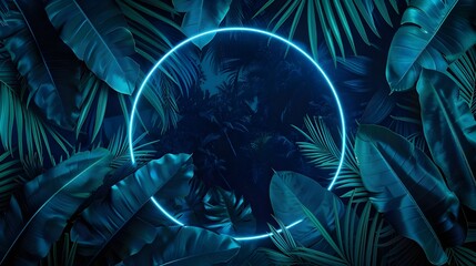Tropical glowing neon frame. Dark night jungle palm leaves. Summer background design