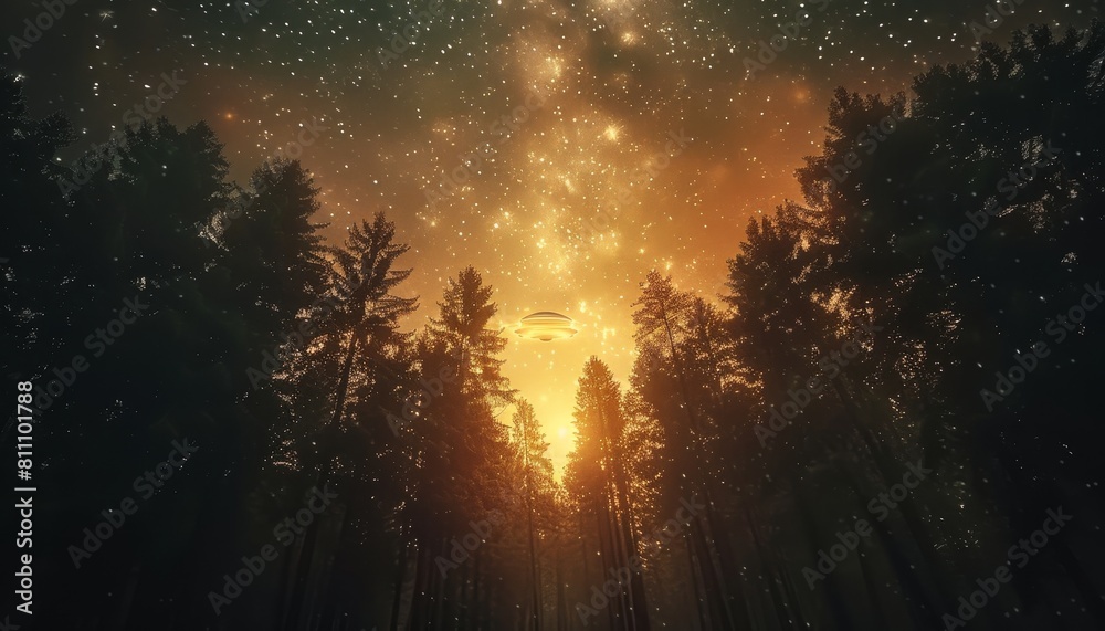 Poster a forest with a bright orange sky and a large alien flying through the trees by ai generated image