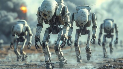Fototapeta premium walking military robots. invasion of military robots. Dramatic apocalypse super realistic concept. Future. 3d rendering Generative AI,