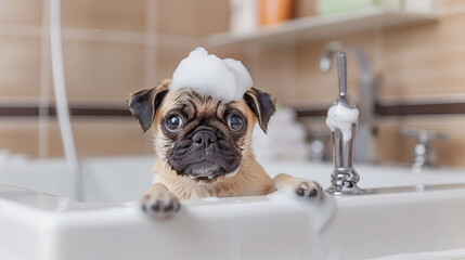 Pug taking a bath