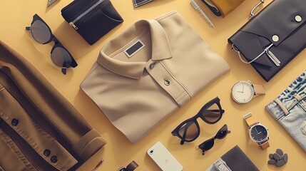 Flat lay of mens clothing and accessories on yellow background.