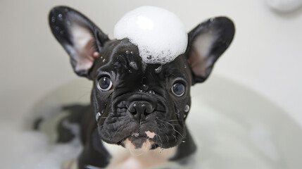 French Bulldog taking a bath