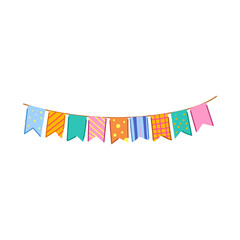 Fototapeta premium decor birthday flags cartoon. triangle anniversary, event card, carnival greeting decor birthday flags sign. isolated symbol vector illustration