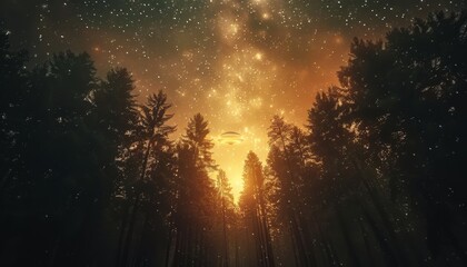 A forest with a bright orange sky and a large alien flying through the trees by AI generated image