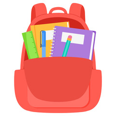 school supplies in red backpack illustration