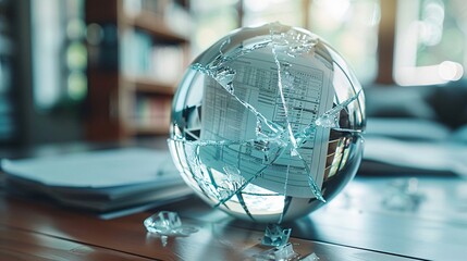 A cracked glass sphere with financial documents visible inside, symbolizing the vulnerability of a business to unmanaged risk