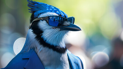 Blue Jay bird wearing sunglasses in a business suit