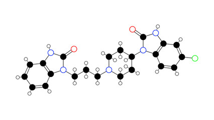 domperidone molecule, structural chemical formula, ball-and-stick model, isolated image dopamine antagonist
