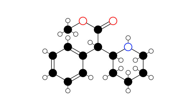 dexmethylphenidate molecule, structural chemical formula, ball-and-stick model, isolated image cns stimulant