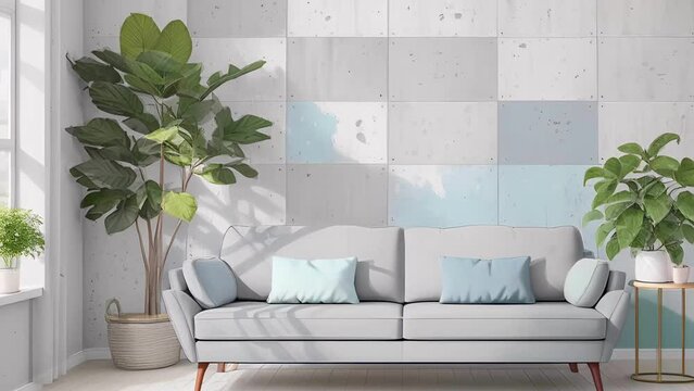 Modern interior living room interior flipbook animation with sofa and plants animation. Grey wall and pastel blue sofa, sun rays from window.