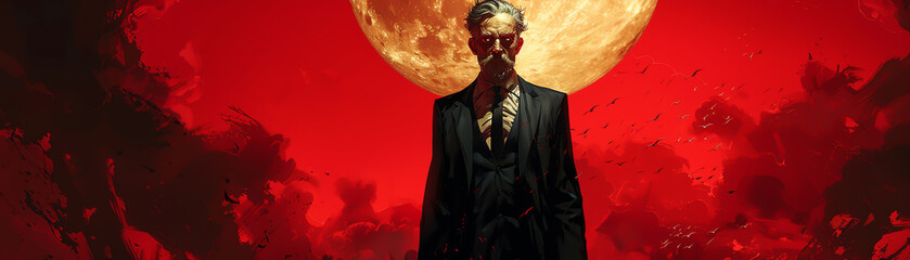 A middle-aged man with a beard and mustache wearing a black suit and red tie stands in front of a large red moon