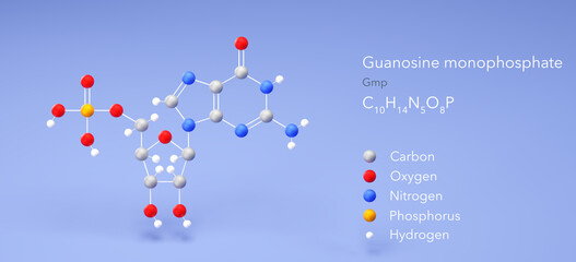 guanosine monophosphate molecule, molecular structures, phosphate, 3d model, Structural Chemical Formula and Atoms with Color Coding