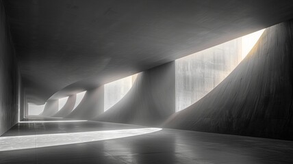The image is showing the interior of a futuristic building with concrete walls and large windows