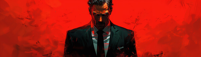 A dark and mysterious man in a suit stands in a red void
