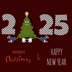 Trendy Trippy 2025 Christmas Card cover design with cute XMAS tree and inscription. Joyful Typography Christmas poster in modern cut out paper 3D style. Vector for web and social media