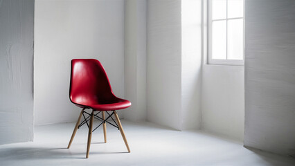 A crimson chair supported by wooden legs occupies a room painted in white.