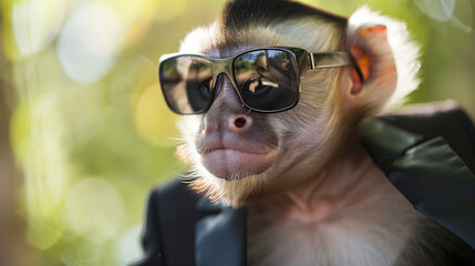 Capuchin monkey wearing headphones