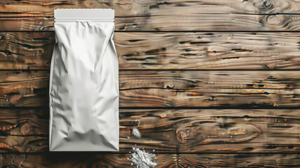 A white bag is sitting on a wooden table