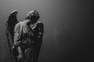 Black and white image of a sorrowful angel statue, symbolic background for expressions of sympathy and funeral condolences