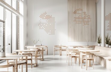 Modern white coffee shop interior with wooden tables and chairs