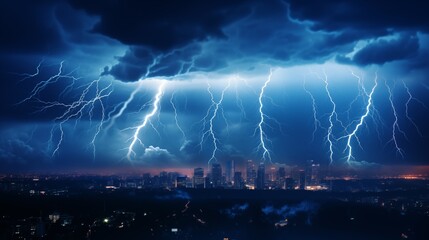 An electrifying thunderstorm over a city at night with multiple lightning strikes illuminating the sky