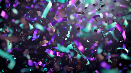 Iridescent confetti in shades of violet and mint green gracefully falling on a dark chocolate...