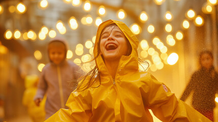 A young girl wearing a yellow raincoat and laughing as she runs through a street with other people in rain gear