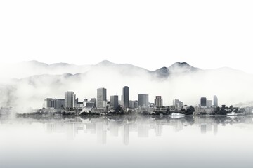 Obraz premium A city skyline is reflected in a body of water. The city is surrounded by mountains, and the fog adds a sense of mystery and calmness to the scene