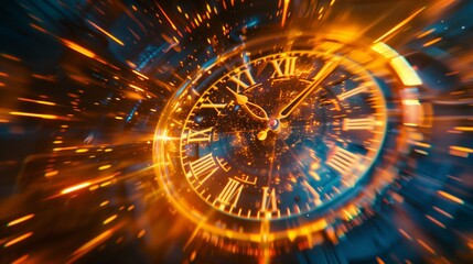 Vibrant Time Travel Concept: Clock Spiraling With Warm Golden Tones and Dynamic Light Effects 