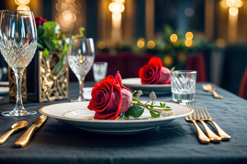 A table setting with a black tablecloth, gold silverware, and a white plate with a red rose on it. Modern Luxurious fine dining table setting elegant invitation card mockup - Powered by Adobe