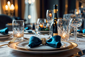 A formal dining table is set with a gold charger, white plate, and a blue bow tie. Modern Luxurious fine dining table setting elegant invitation card mockup for weddings and romantic events - Powered by Adobe