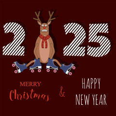 Fun 2025 Christmas Poster cover design with cute Reindeer  and inscription. Joyful Typography Christmas banner in trendy Retro cut paper 3D style. Vector for web and social media. Editable stroke. 