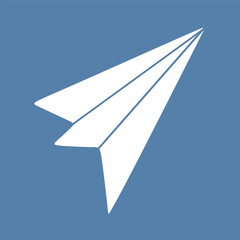 Flat Paper airplane isolated on Blue Background. Cartoon Plane like a symbol of Freedom, Design art Vector Illustration for Logo of Travel company. Hand drawn Air Transportation concept, Aircraft