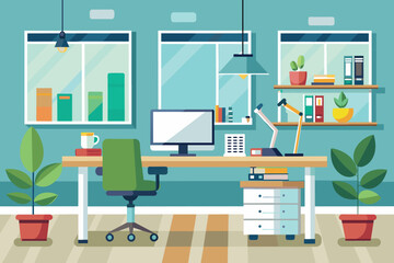 Minimalistic workspace featuring a desk and a window backdrop. AI generated