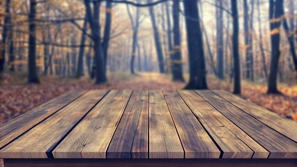 a wooden table with a blurred background of trees and leaves, blurred forest background, woods...