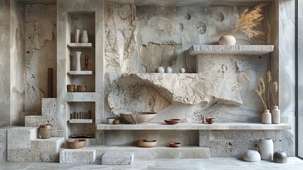 The image shows a beautiful stone wall with shelves and niches displaying a variety of pottery and other decorative objects