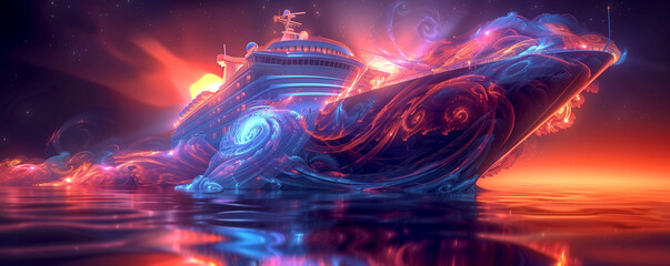 A ship with a lot of colorful designs on it is floating in the ocean