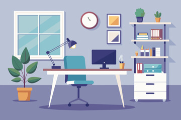 Minimalistic workspace featuring a desk and a window backdrop. AI generated