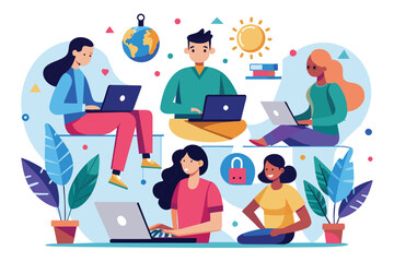 People engaged in a busy work session with laptops open on a table. AI generated